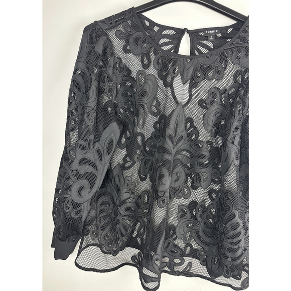 Torrid Mesh With Embroidery Long Sleeve Blouse Sheer Top Keyhole Plus Size 1 1X - Picture 3 of 12